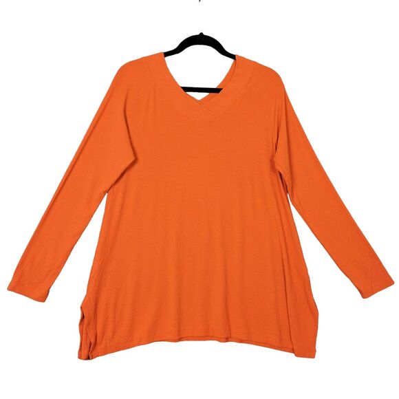 SOFT SURROUNDINGS Orange Double V Timely Tee Long Sleeve Pima Top SIZE LARGE - Picture 1 of 8